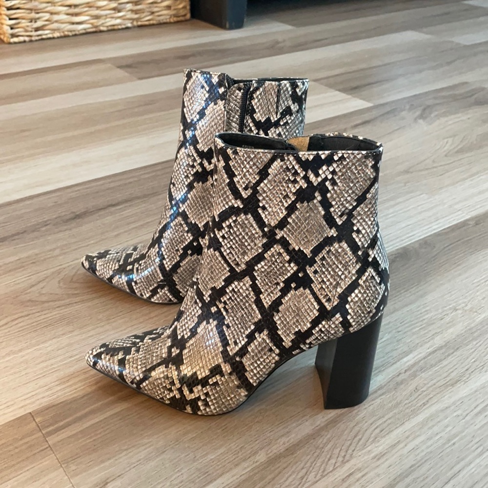 Jeffrey Campbell Snakeskin Print Pointed Toe Ankle Boots in Black and Cream